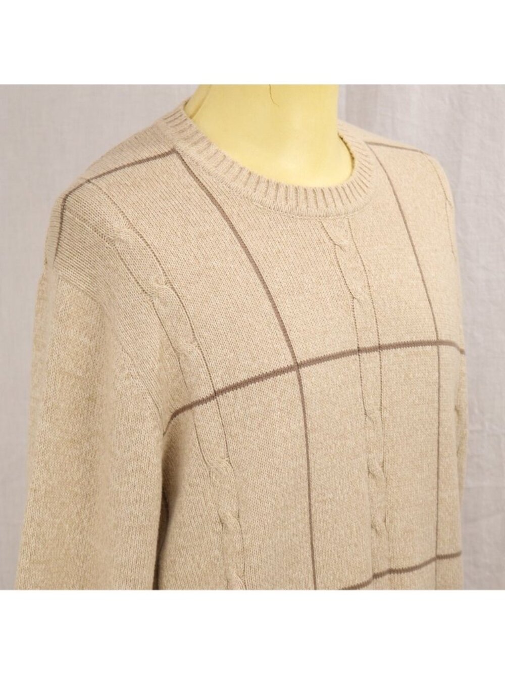 Eclectic Grandpa Dockers Sweater Men L Beige Cable Knit Pullover Brown Plaid VTG - Picture 9 of 12